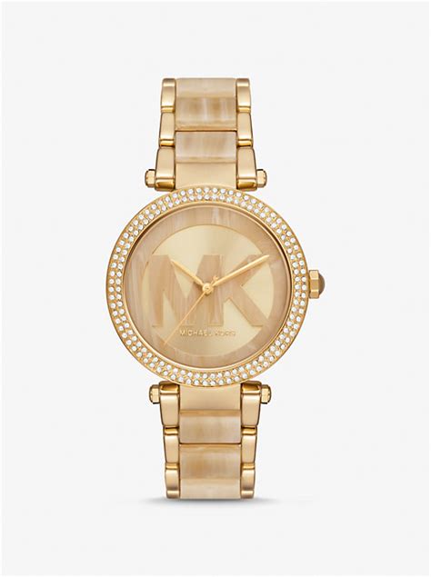 michael kors parker gold tone tortoise acetate watch|Michael Kors Parker Champagne Dial Gold.